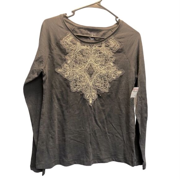 Sonoma Tops - Sonoma medium gray women’s long sleeve top with embroidered flower, size small